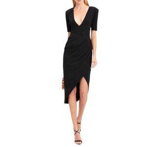 Fleur Du Mai Authentic Solid Black V Neck Plunge Short Sleeve Bodycon Midi Dress